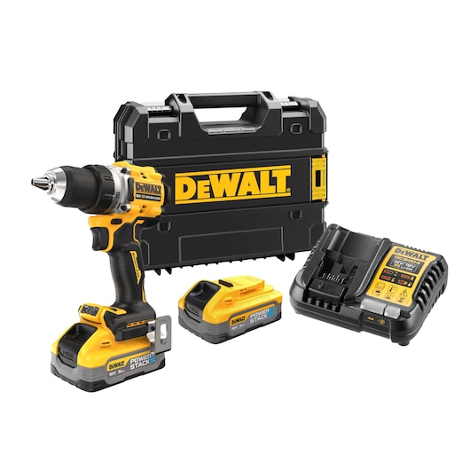 Kit including drill DCD800 with x2 18V XR Powerstack 5AH batteries (DCBP518), charger (DCB1104) and Tstak kitbox
