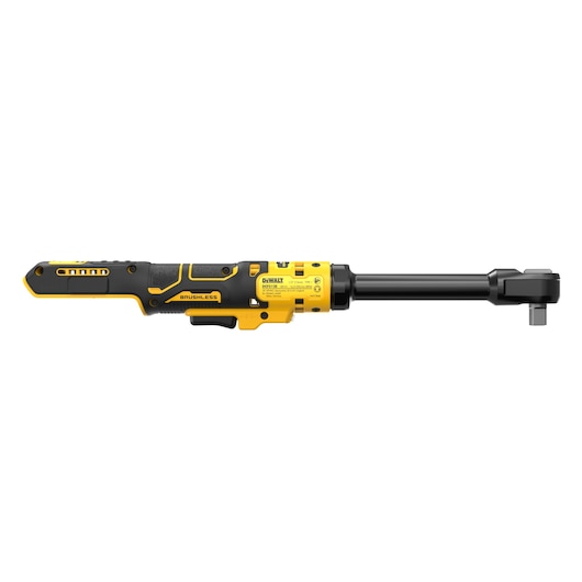 A DEWALT DCF512EN cordless brushless ratchet tool with a yellow and black design, featuring an extended handle and metal ratchet head. The tool is viewed from the side on a white background.