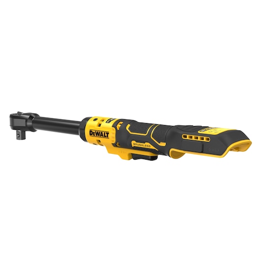 A DEWALT branded cordless brushless ratchet tool with a yellow and black ergonomic design, shown against a white background.