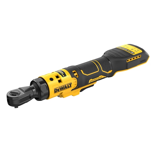 A DEWALT cordless ratchet tool with a black and yellow design, featuring a brushless motor and ergonomic grip.