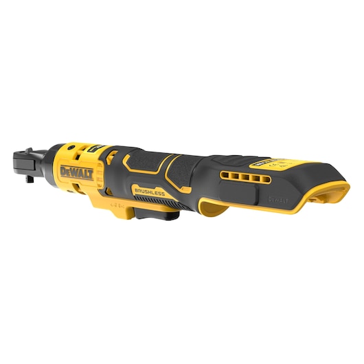 A DEWALT cordless brushless ratchet tool, primarily black and yellow, shown in a side view on a white background. The tool has a textured grip, labeled controls, and a compact, ergonomic design.