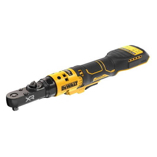 A DEWALT cordless brushless ratchet tool with a black and yellow design, labeled XR and featuring ergonomic grip and control buttons.