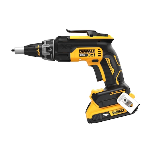left side profile of 20V MAX XR(®) Brushless Drywall Screwgun, 2Ah battery, belt clip