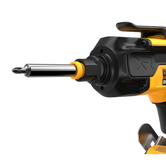 Close up of 20V MAX XR(®) Brushless Drywall Screwgun removed nose cone with single screw bit