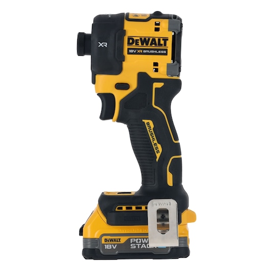 A DEWALT 18V XR brushless cordless impact driver, shown upright with yellow and black design, featuring a lithium-ion battery and belt clip attachment.