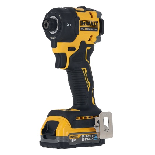 A DEWALT 18V XR brushless cordless power tool, specifically an impact driver, featuring a compact design with a yellow and black color scheme. The tool has a POWERSTACK battery attached and includes a belt clip on the base.