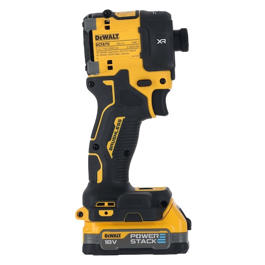 A DEWALT DCF870E2T 18V cordless impact wrench with brushless motor and POWERSTACK battery, shown standing upright against a white background.