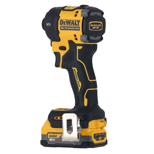 A DEWALT 18V XR brushless motor cordless impact wrench with yellow and black design, shown standing upright with a battery and belt clip attached.