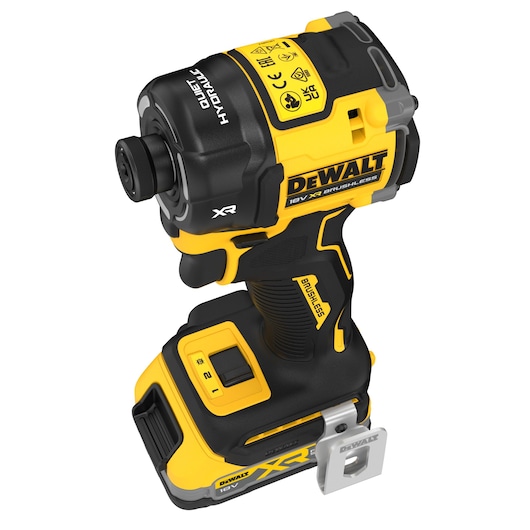 A DEWALT 18V XR brushless hydraulic impact driver, featuring a yellow and black design, with branding and control buttons visible on the tool.