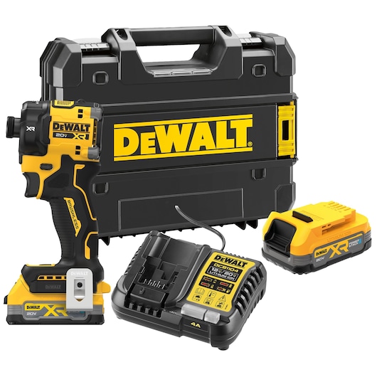 DEWALT cordless impact driver kit including a black and yellow impact driver, a sturdy carrying case with DEWALT branding, two 18V Powerstack batteries, and a charger.