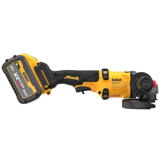 54V Brushless Flexvolt Angle Grinder with 9Ah XR Flexvolt battery side view