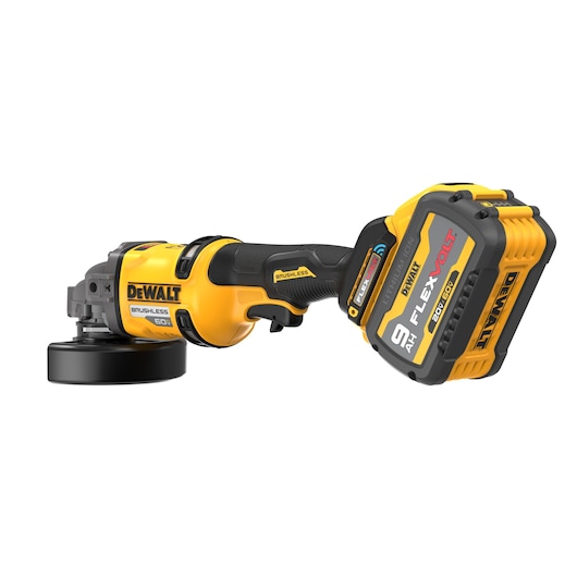4-1/2" - 6" Side Handle Detect Small Angle Grinder with FLEXVOLT Battery viewed from the back on white background