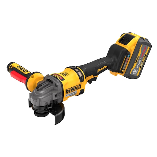 4-1/2" - 6" Side Handle Detect Small Angle Grinder with FLEXVOLT Battery viewed from top right angle on white background
