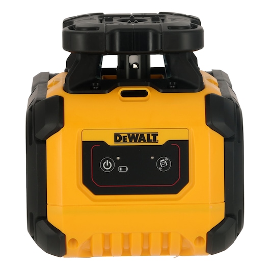 Front view of a DEWALT DCLE05211R yellow and black photography device, featuring a control panel with buttons for power and operation, designed for robust use.