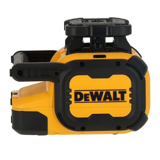 Side view of a DEWALT yellow and black rotary laser level, model DCLE05211R, used for precise leveling in construction and photography applications.