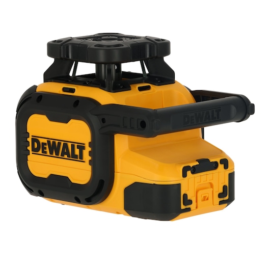 A DEWALT branded yellow and black rotary laser level tool with a protective rotating top and sturdy handle, designed for precise leveling in construction and photography.
