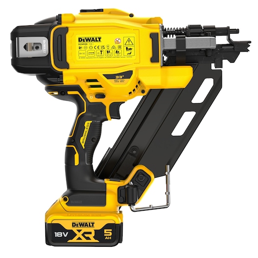 Rear side view of DCN930 18V XR Brushless framing nailer with 5Ah 18V XR battery