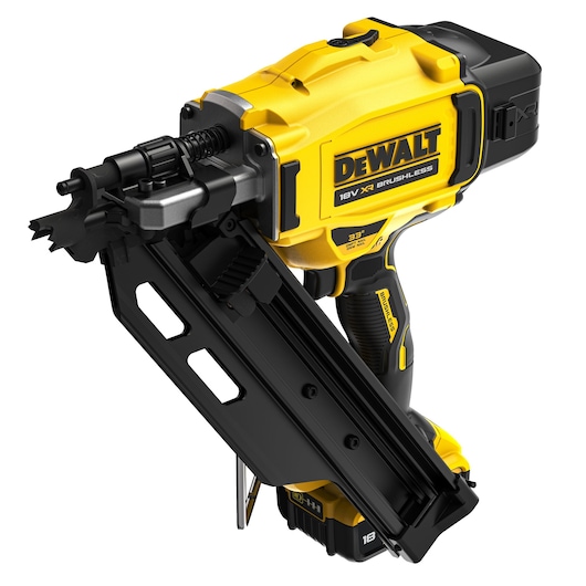 Angled view of  DCN930 18V XR Brushless framing nailer with 5Ah 18V XR battery