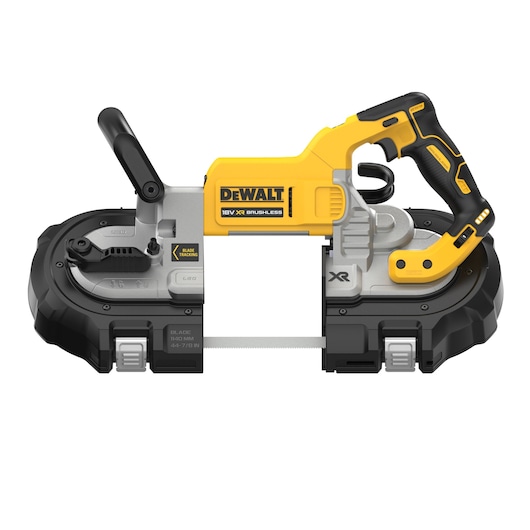 A DEWALT 18V XR Brushless cordless band saw with a yellow and black handle, metal cutting frame, and blade guard, designed for portable cutting applications.