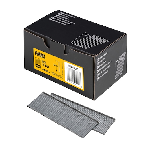 3/4 view box of 32mm 16GA 20°  galvanised finish nails with x2 strips of nails in foreground