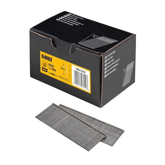 3/4 view box of 32mm 16GA 20° stainless steel finish nails with x2 strips of nails in foreground
