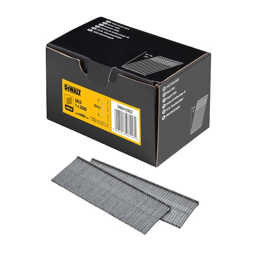 3/4 view box of 38mm 16GA 20° galvanised finish nails with x2 strips of nails in foreground
