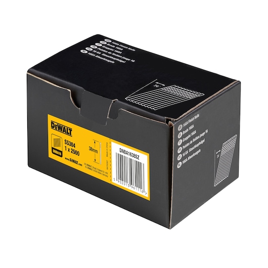 3/4 view box of 38mm 16GA 20° stainless steel finish nails