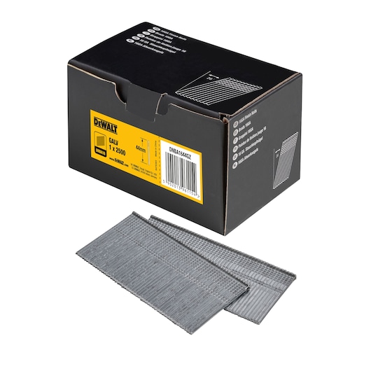 3/4 view box of 44mm 16GA 20°  galvanised finish nails with x2 strips of nails in foreground