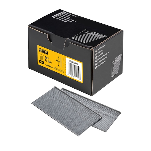 3/4 view box of 50mm 16GA 20° galvanised finish nails with x2 strips of nails in foreground