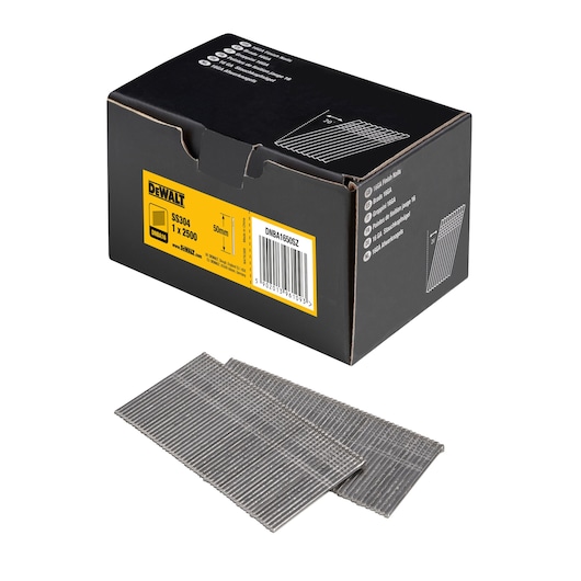 3/4 view box of 50mm 16GA 20° stainless steel finish nails with x2 strips of nails in foreground
