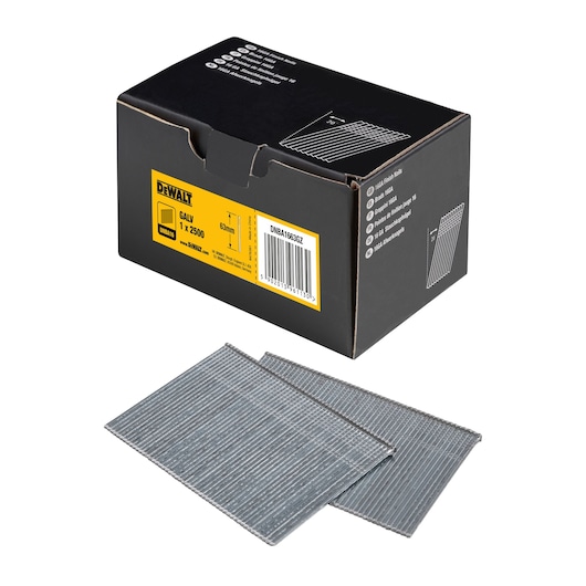 3/4 view box of 63mm 16GA 20° galvanised finish nails with x2 strips of nails in foreground