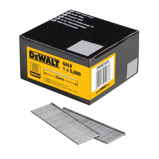 3/4 view box of 25mm 16GA straight galvanised finish nails with x2 strips of nails in foreground