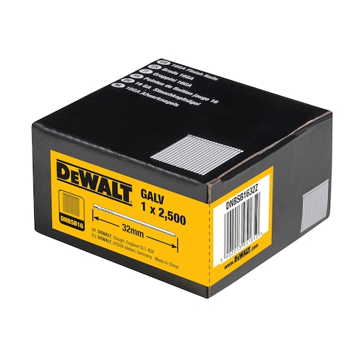 3/4 view box of 32mm 16GA straight galvanised finish nails 