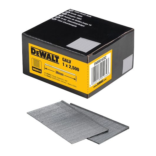 3/4 view box of 38mm 16GA straight galvanised finish nails with x2 strips of nails in foreground