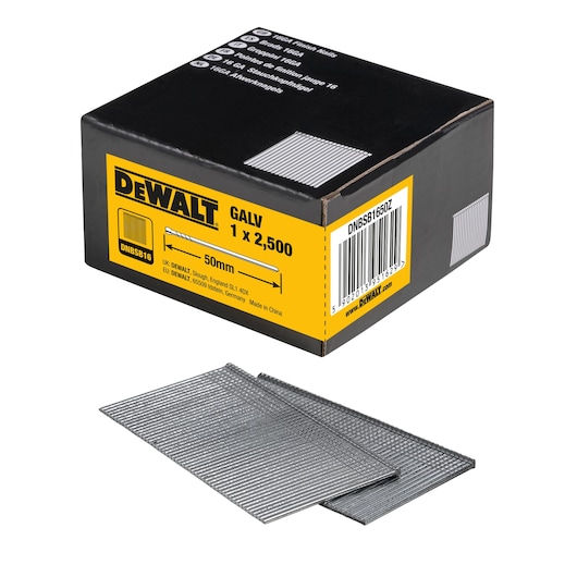3/4 view box of 50mm 16GA straight galvanised finish nails with x2 strips of nails in foreground