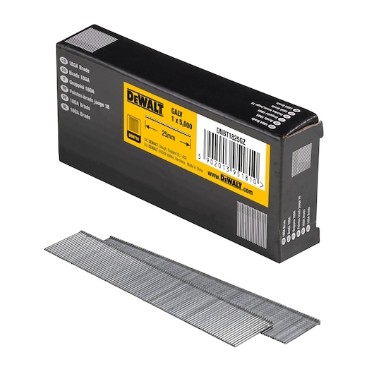 3/4 view box of 25mm 18GA galvanised brad nails with x2 strips of nails in foreground