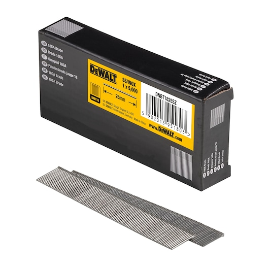 /4 view box of 25mm 18GA stainless steel brad nails with x2 strips of nails in foreground