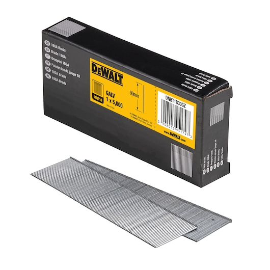3/4 view box of 30mm 18GA galvanized brad nails with x2 strips of nails in foreground