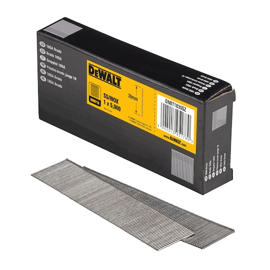 3/4 view box of 30mm 18GA galvanized brad nails with x2 strips of nails in foreground
