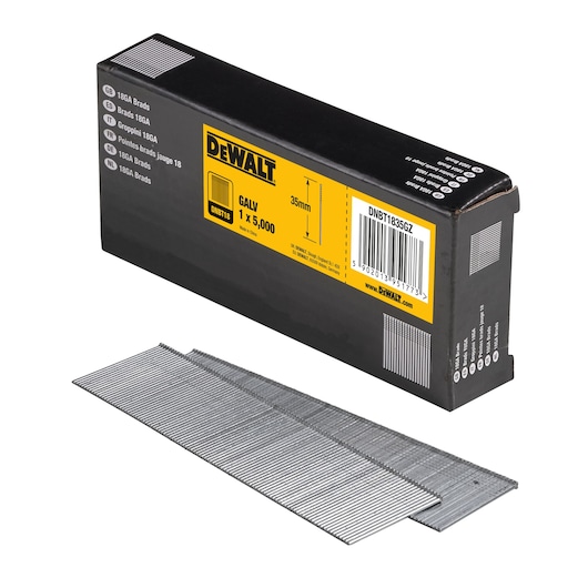 3/4 view box of 35mm 18GA galvanized brad nails with x2 strips of nails in foreground