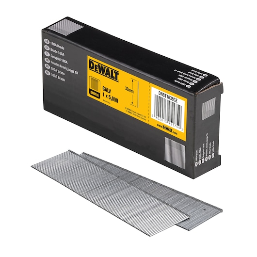 3/4 view box of 38mm 18GA galvanised brad nails with x2 strips of nails in foreground