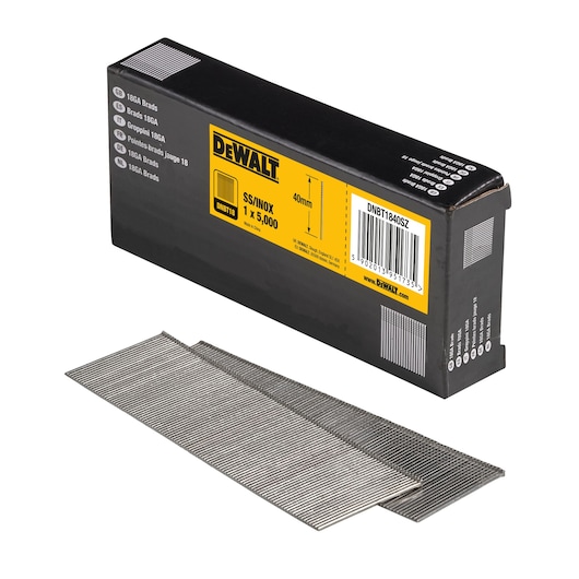 3/4 view box of 40mm 18GA galvanised brad nails with x2 strips of nails in foreground