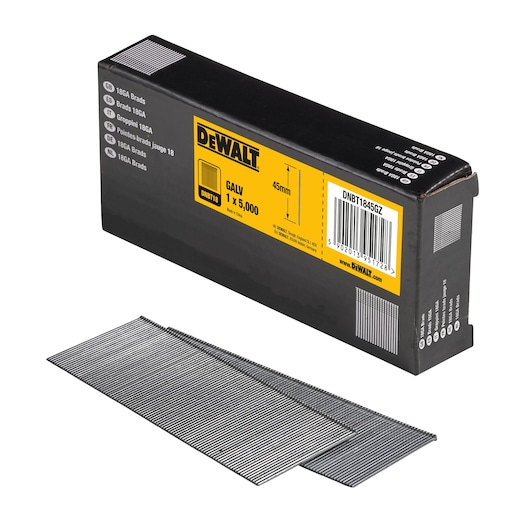 3/4 view box of 45mm 18GA galvanised brad nails with x2 strips of nails in foreground