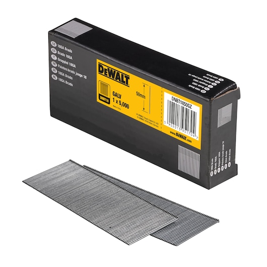 3/4 view box of 50mm 18GA galvanised brad nails with x2 strips of nails in foreground