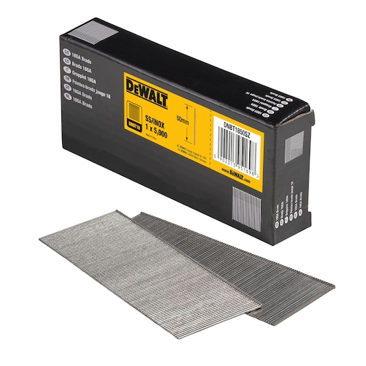 3/4 view box of 50mm 18GA stainless steel brad nails with x2 strips of nails in foreground