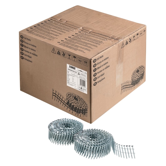 3/4 view box of 35mm galvanised coil nails with x2 coils in foreground