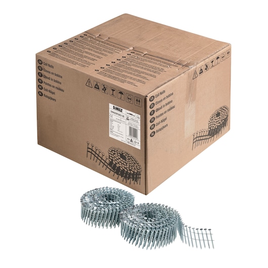 3/4 view box of 38mm galvanised coil nails with x2 coils in foreground