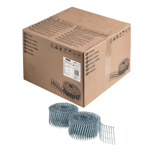 3/4 view box of 45mm galvanised coil nails with x2 coils in foreground