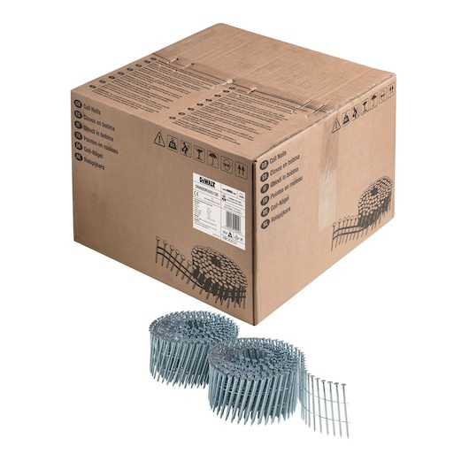 3/4 view box of 55mm galvanised coil nails with x2 coils in foreground