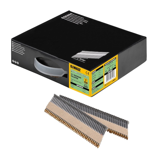 3/4 view box of 50mm papertape bright ring shank framing nails with x2 strips of nails in foreground